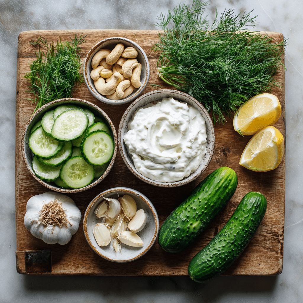 Dairy Free Tzatziki – The Best Creamy Vegan Twist on a Greek Classic 5 Dairy free tzatziki ingredients on cutting board