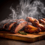 hickory smoked BBQ brisket and wings with rustic smoke