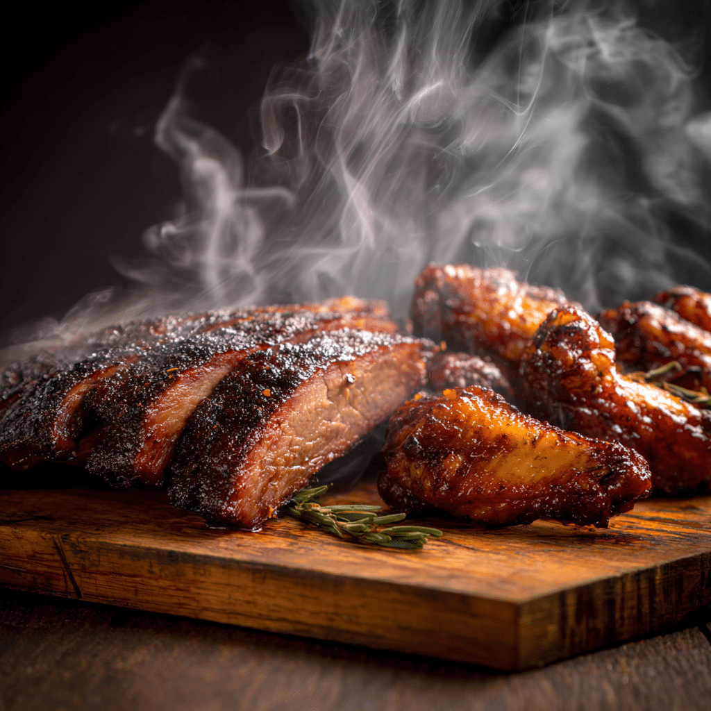 Hickory Smoked BBQ – The Ultimate Guide to Flavor, Techniques, and Recipes 5 hickory smoked BBQ brisket and wings with rustic smoke