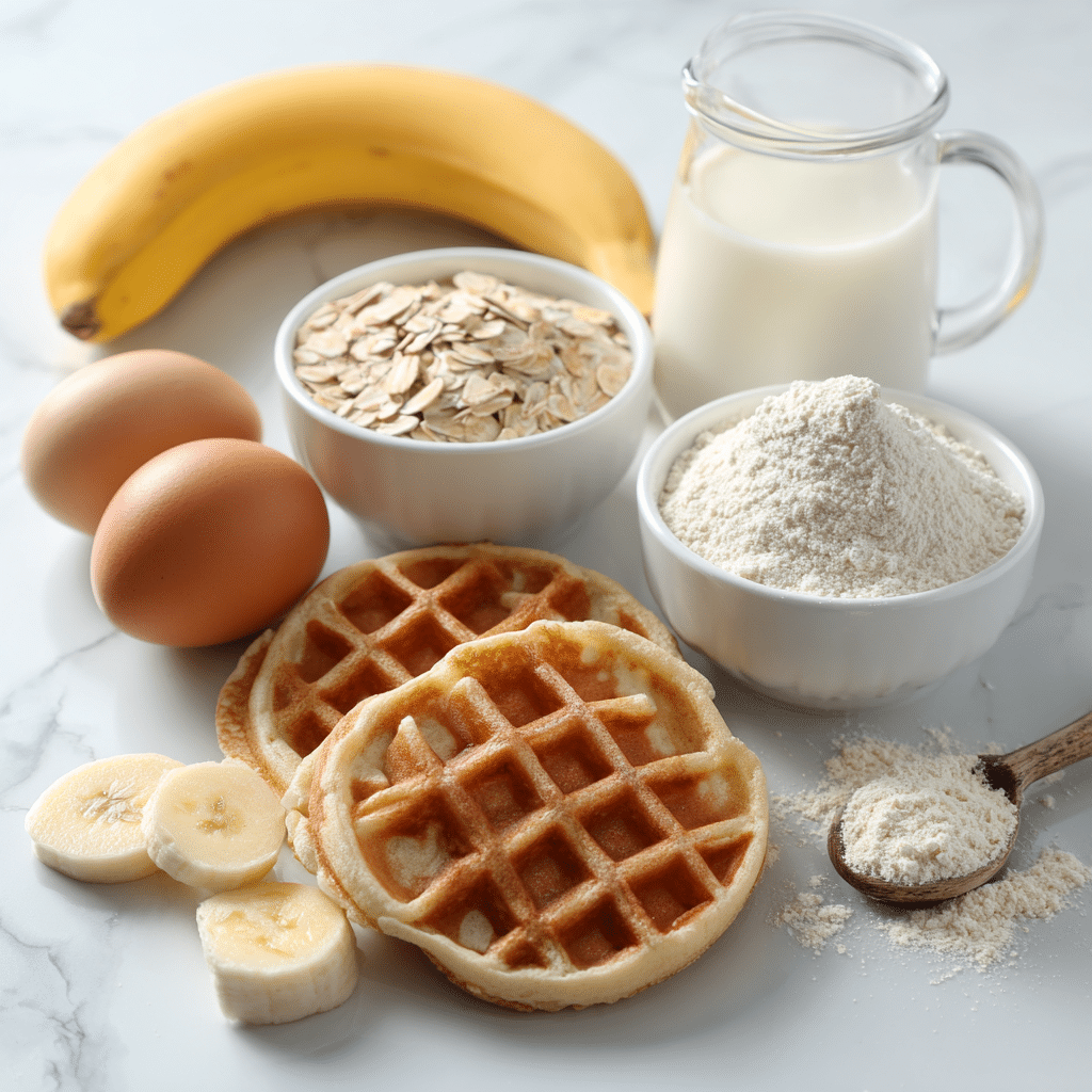 Protein Waffles – The Best Guide to High-Protein Breakfast Recipes 6 protein waffle ingredients flatlayEssential items like protein powder, oats, and eggs for DIY waffle recipes.