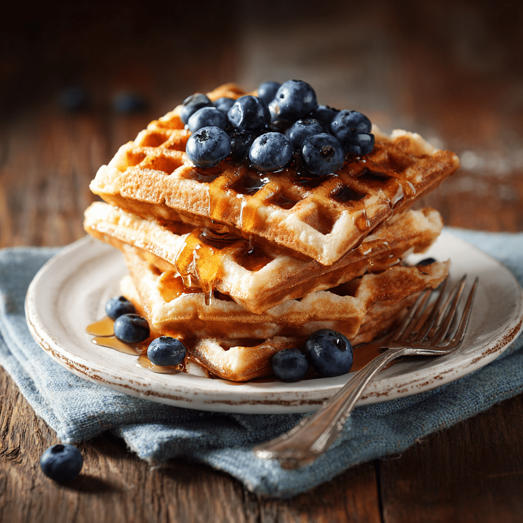 Protein Waffles – The Best Guide to High-Protein Breakfast Recipes 5 protein waffles with blueberries and syrup on breakfast table