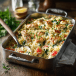 “Creamy chicken pasta casserole with cherry tomatoes in a white casserole dish”