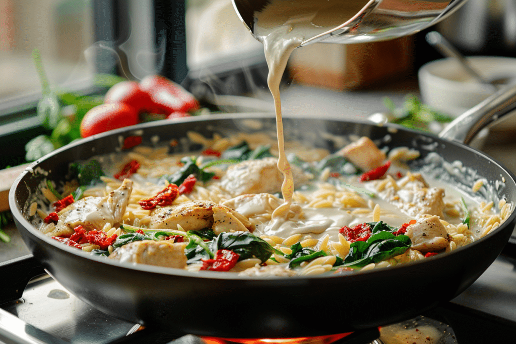 Chicken Orzo Bake (One-Pan, Extra Creamy) 14 “Step-by-step photos for making Chicken Orzo Bake pasta casserole with cream, spinach, tomatoes, lemon, chicken, mozzarella cheese and parmesan cheese in a white dish”