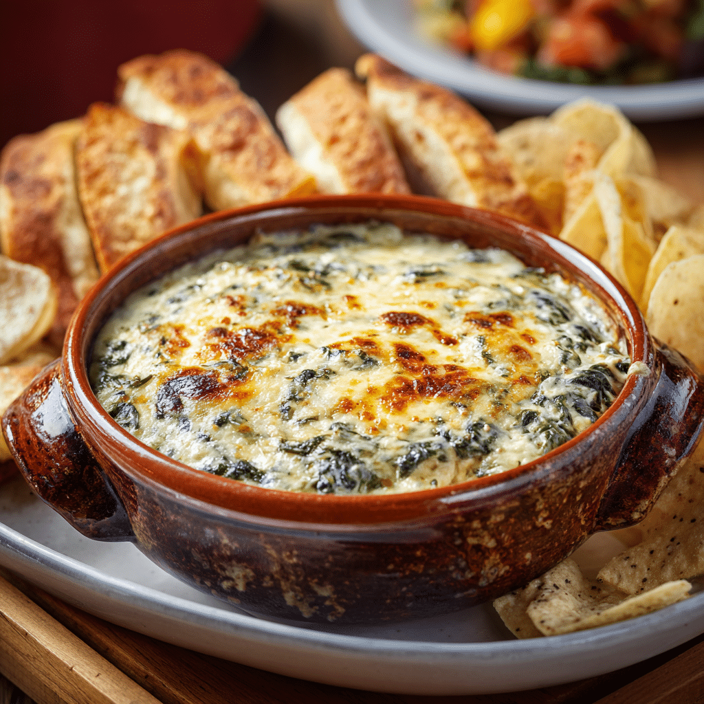 Olive Garden Spinach Artichoke Dip: An Irresistibly Cheesy Copycat Recipe 5 Olive Garden Spinach Artichoke Dip in a bowl with breadsticks