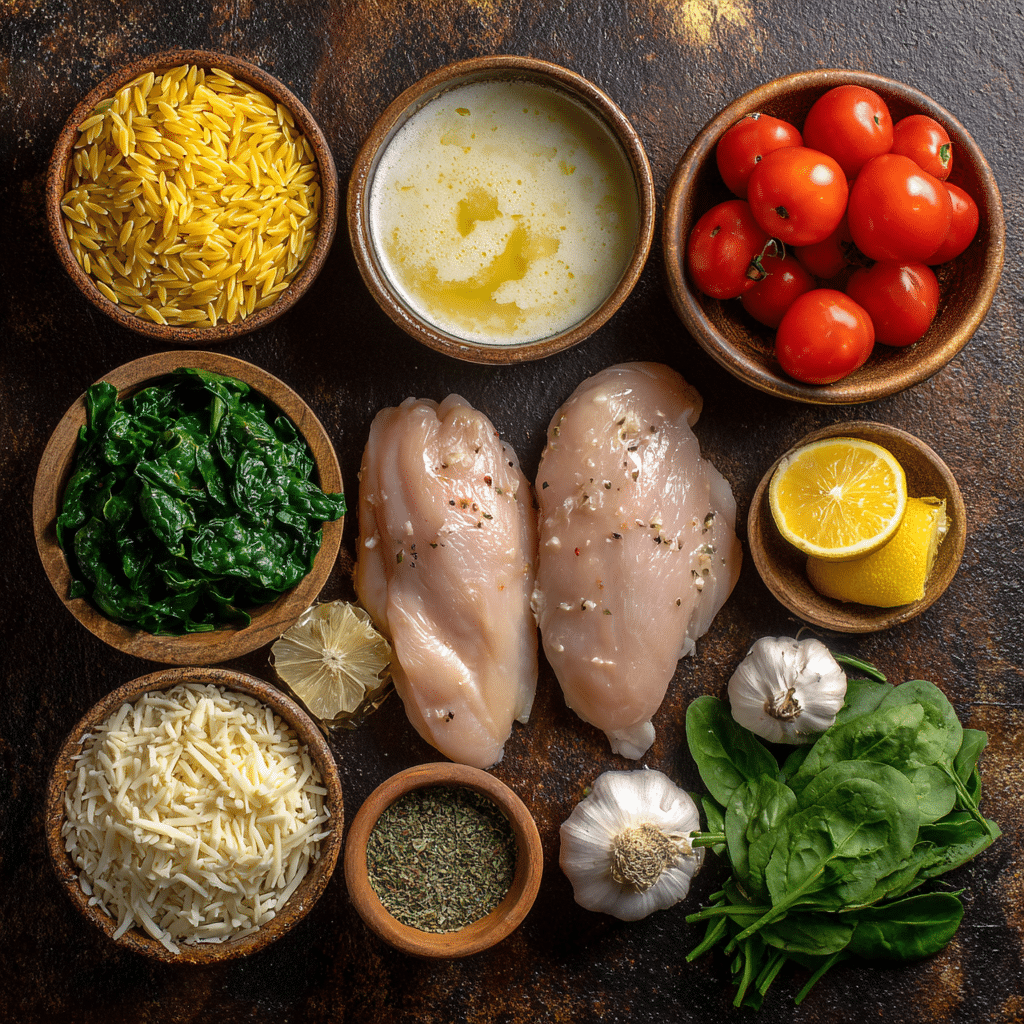 Chicken Orzo Bake (One-Pan, Extra Creamy) 11 “Ingredients for orzo chicken bake including chicken stock, heavy whipping cream, orzo, tomatoes, spinach, lemon, garlic, cheese, salt, pepper, oregano, and chicken breasts”