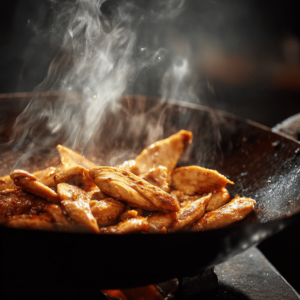 String Bean Chicken Breast (Panda Express Copycat) 9 Golden chicken breast slices cooking in a wok for the Panda Express recipe
