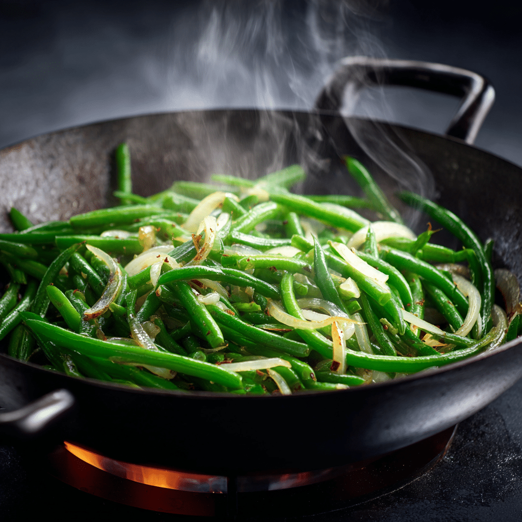 String Bean Chicken Breast (Panda Express Copycat) 10 Bright green beans and onions sizzling in a wok.
