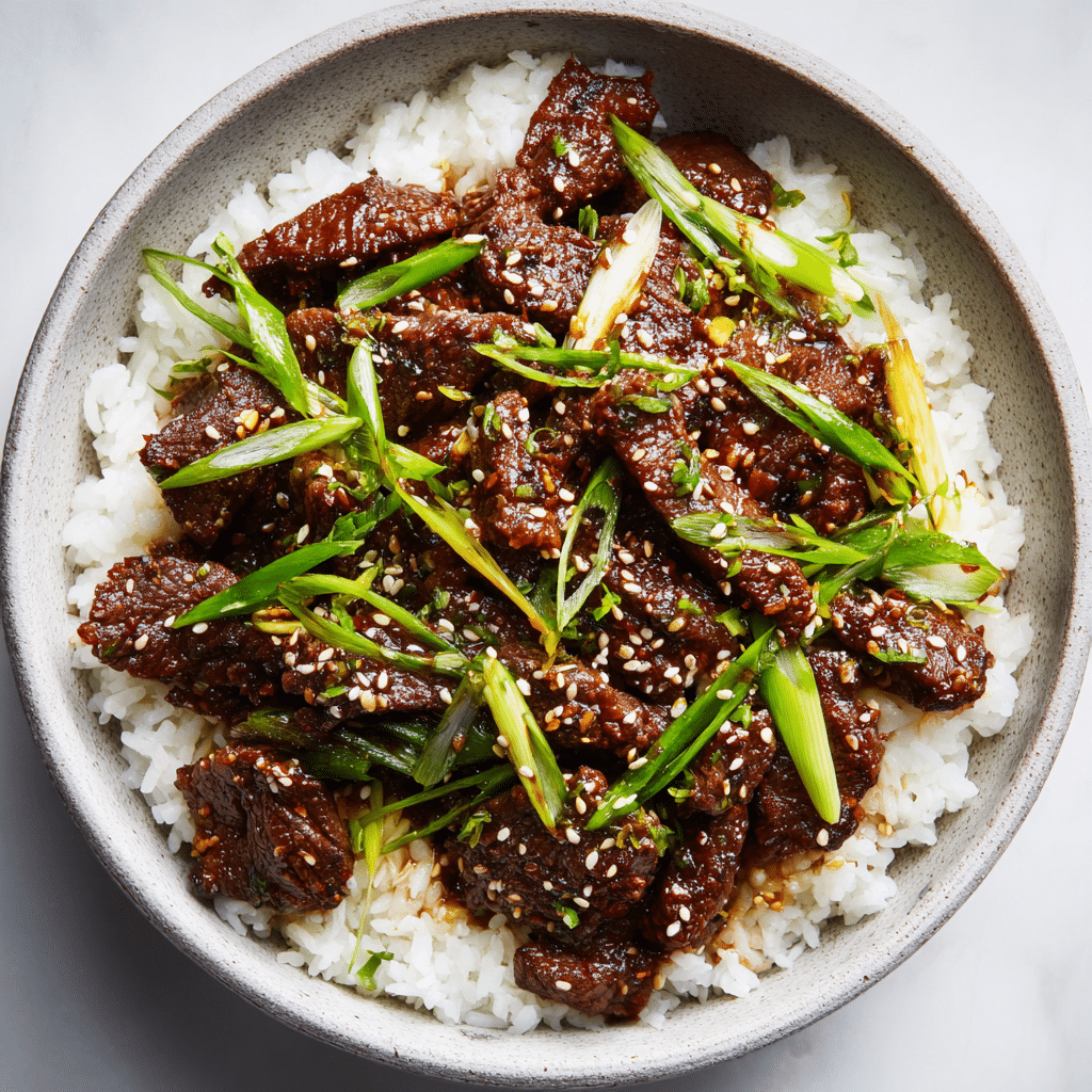 Korean Beef Recipe: Fast, Flavor-Packed Weeknight Dinner 11 "Korean beef bowl served with white rice and sesame seeds."