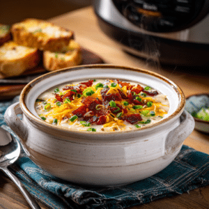 " Best Crockpot potato soup with hash browns topped with cheese and bacon"