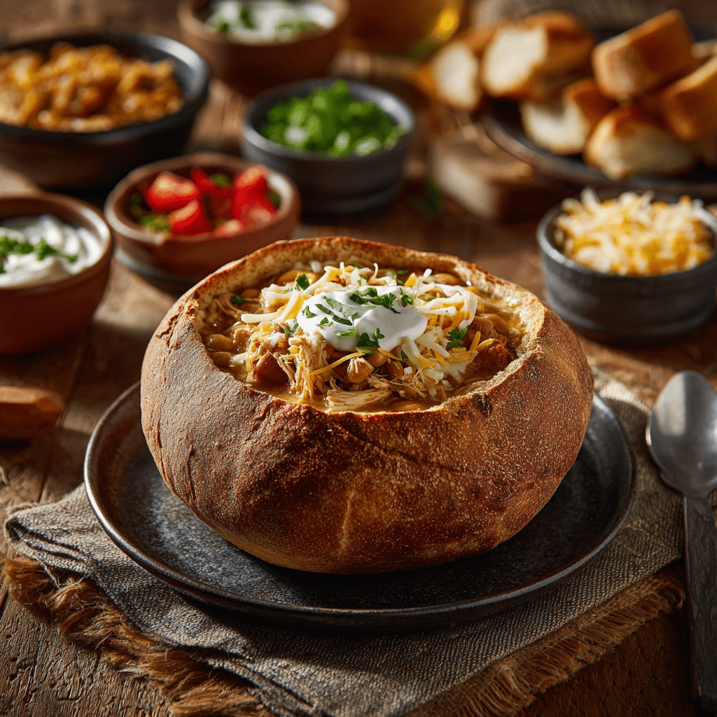 White chicken chili served in a bread bowl with toppings