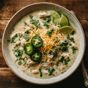 Crockpot white chicken chili recipe in white bowl with toppings.