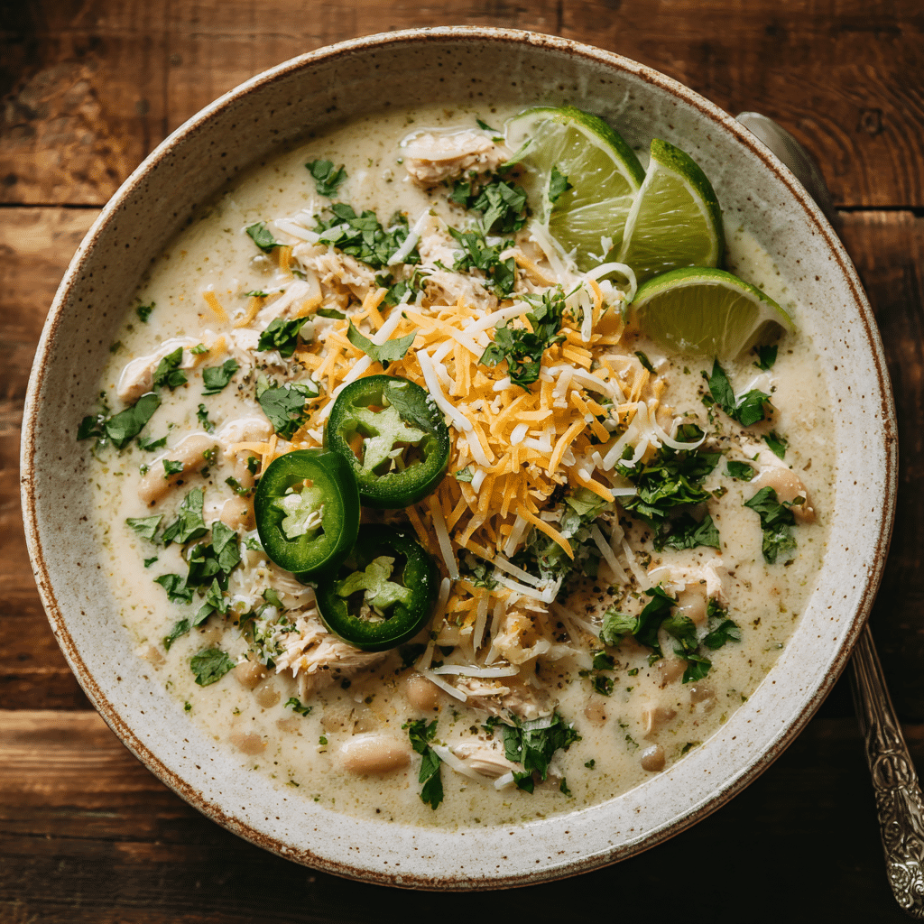 Crockpot white chicken chili recipe in white bowl with toppings.