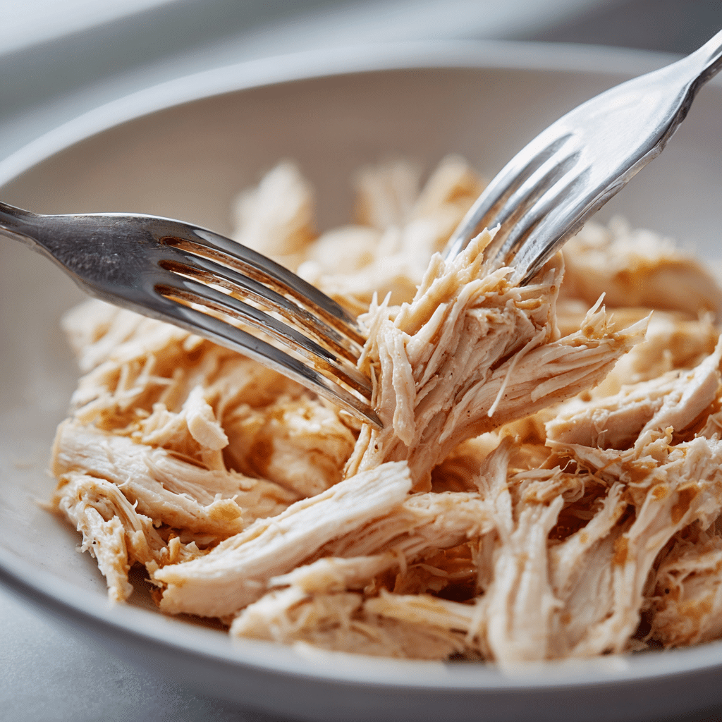 How to Make Shredded Chicken 15 Easy shredded chicken: Two forks shredding cooked chicken in a white bowl