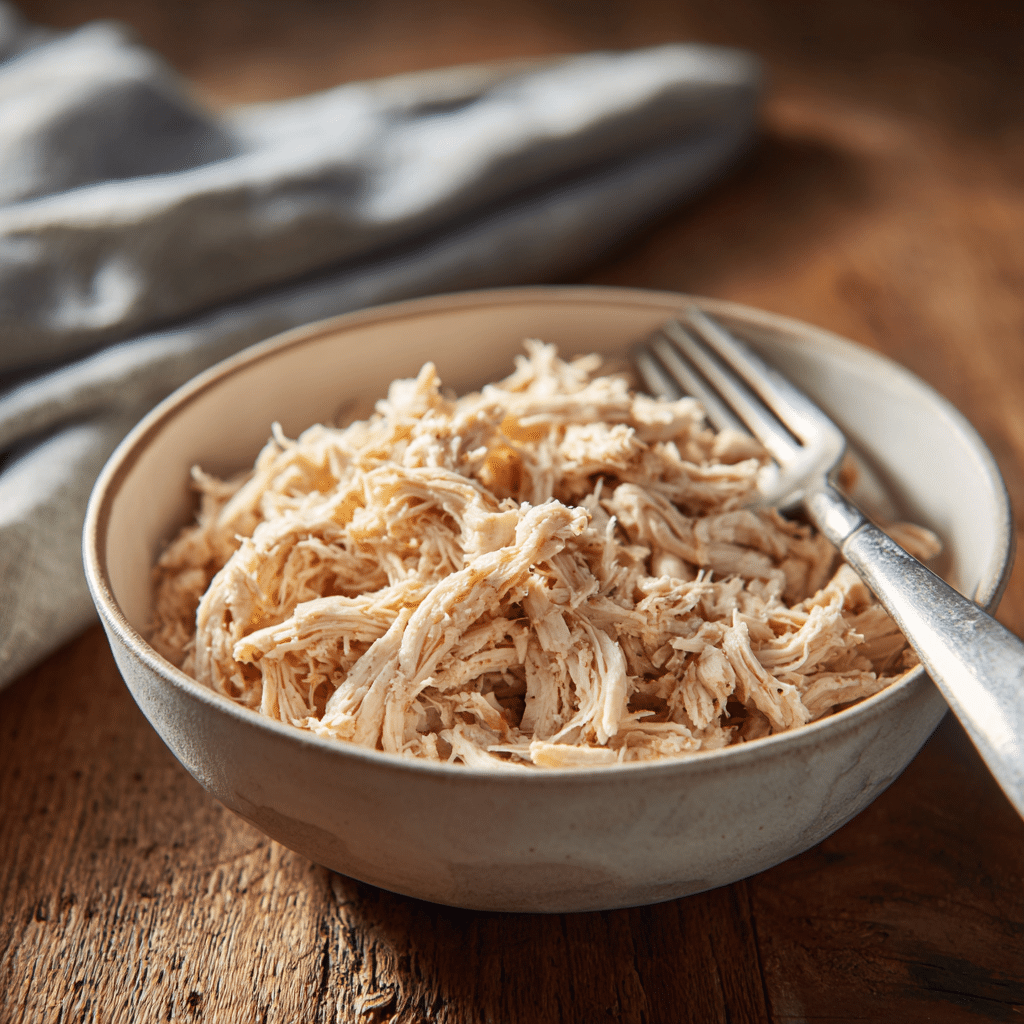 How to Make Shredded Chicken 12 How to make chredded chicken?Tender shredded chicken in a white bowl with a fork