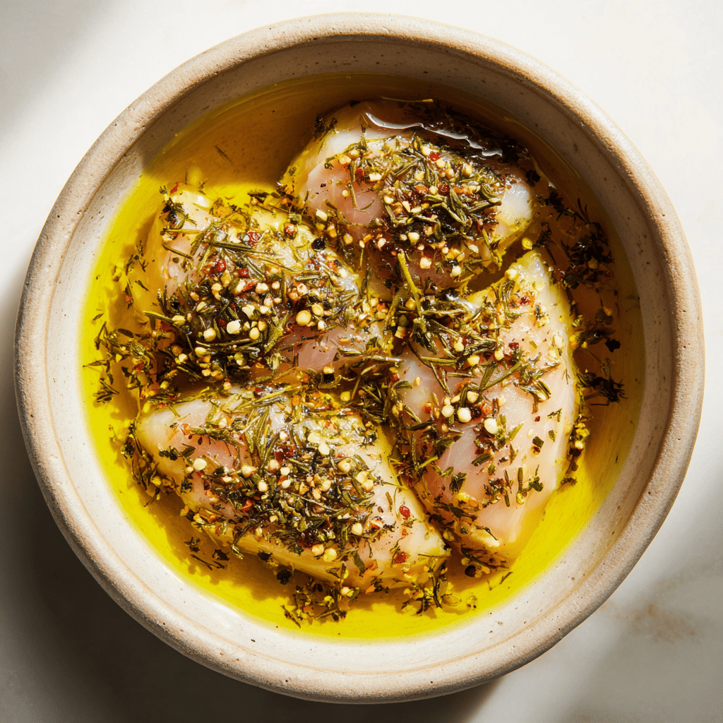 Mediterranean Chicken Bowl Recipe: A Flavor-Packed, Healthy Dinner You’ll Crave Every Week 11 Raw chicken breast marinating with Mediterranean spices, lemon, and garlic.