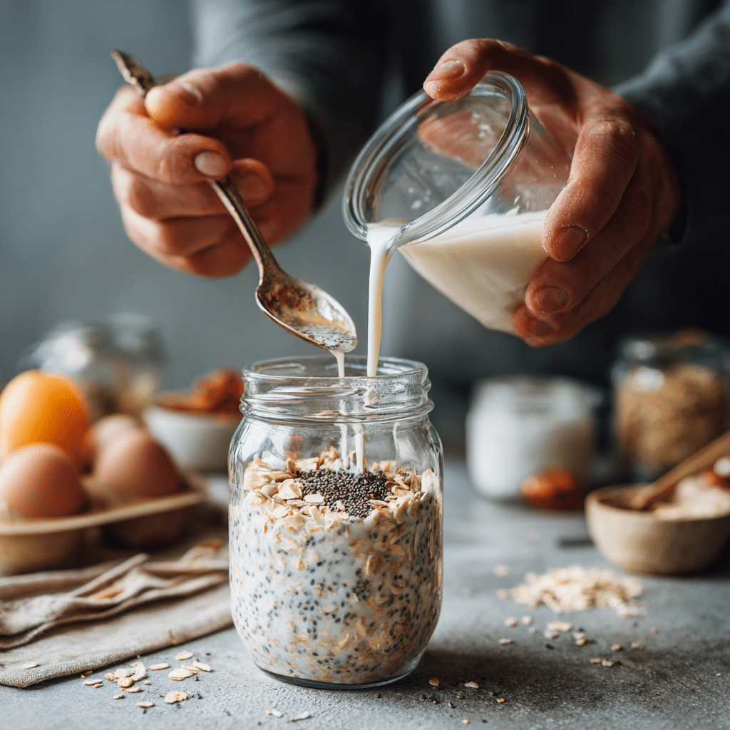 Hands pouring milk and stirring oats and chia seeds in a jar to prepare overnight oats.