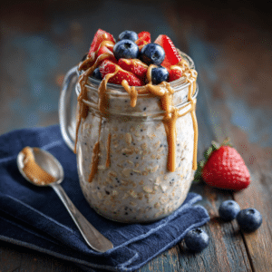 A jar of overnight oats topped with fresh strawberries and blueberries and a peanut butter drizzle.