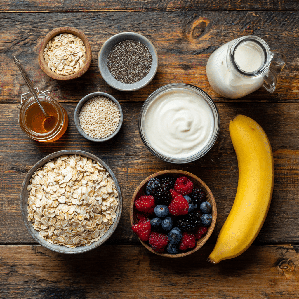 Overhead view of overnight oats ingredients: a bowl of oats, chia seeds, almond milk, yogurt, fruit, and honey laid out on a countertop.