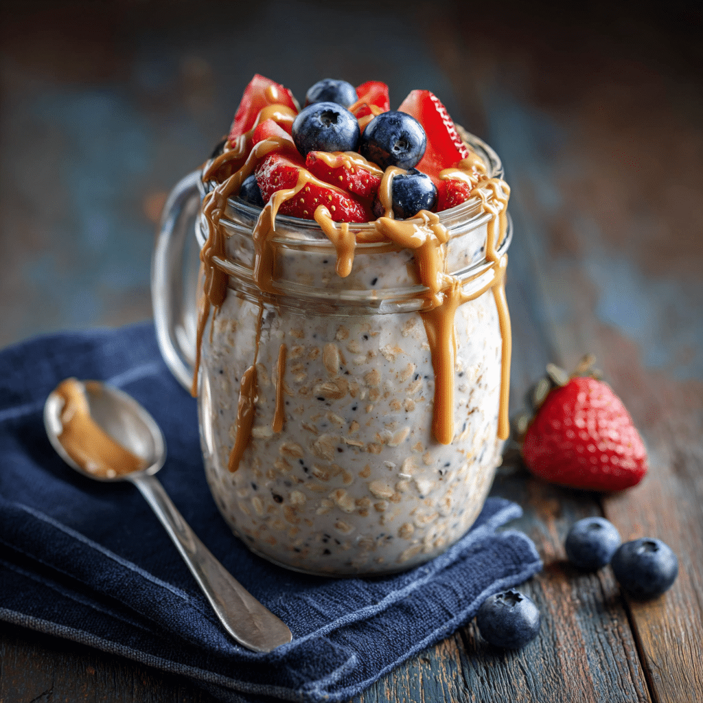 A jar of overnight oats topped with fresh strawberries and blueberries and a peanut butter drizzle.