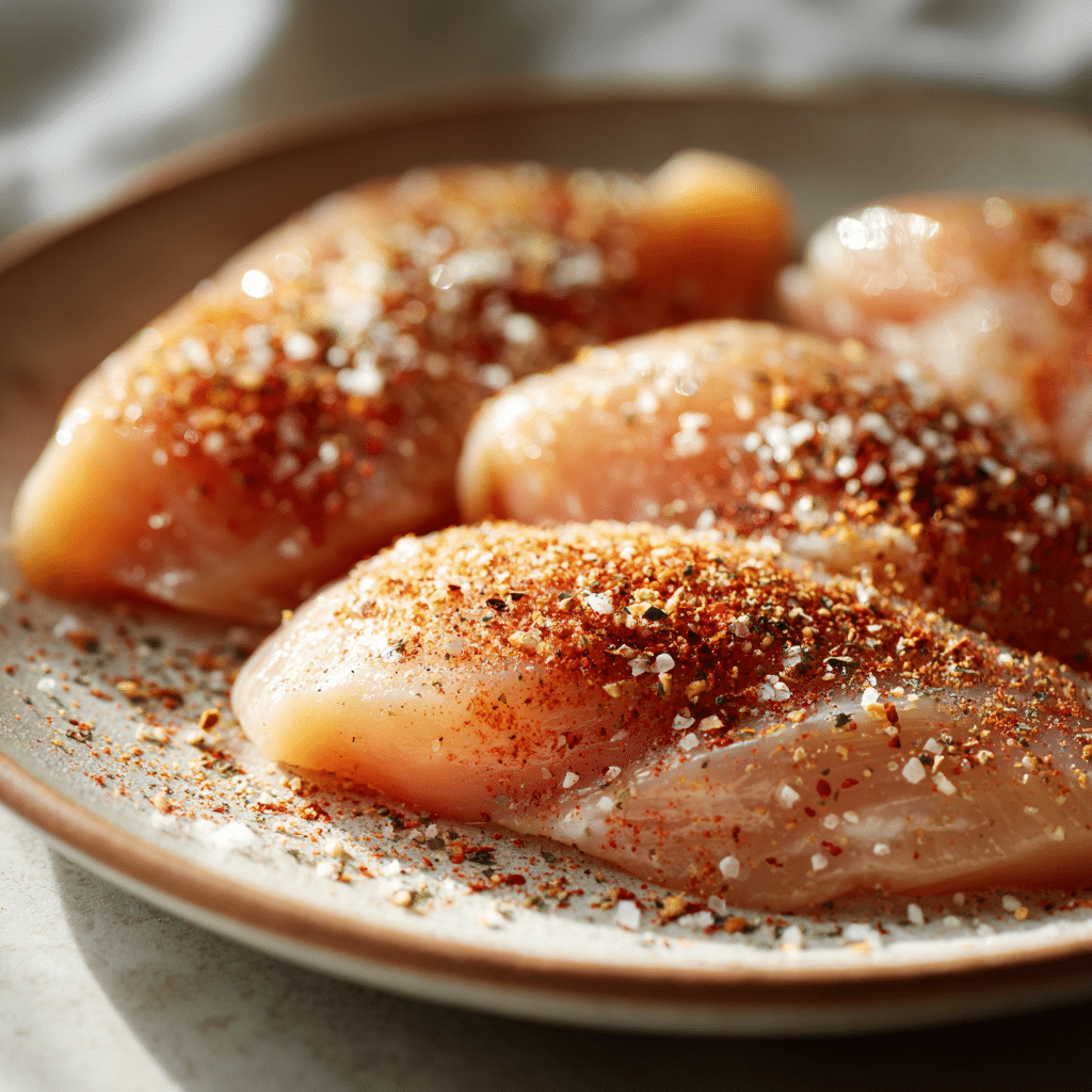 How to Make Shredded Chicken 14 Two raw seasoned chicken breasts on a plate to make shredded chicken