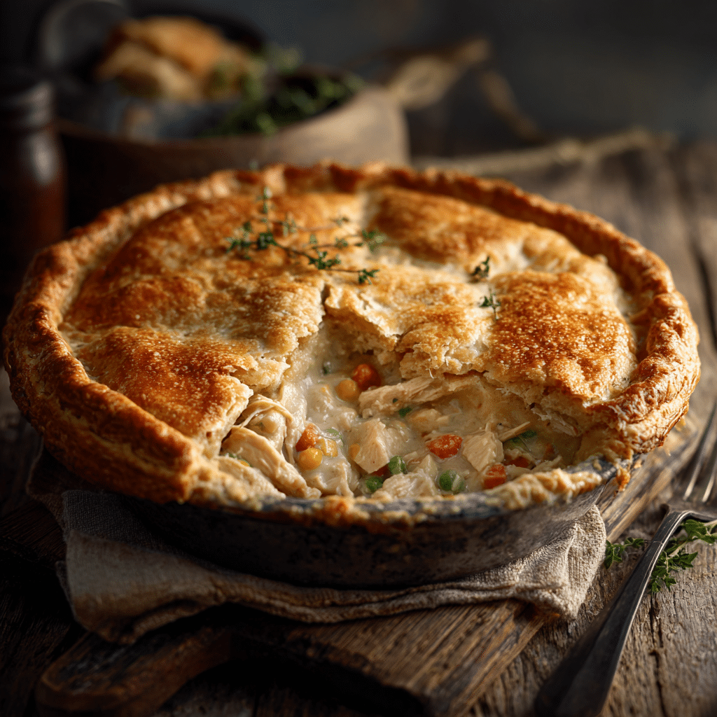 u3873878526 Rustic chicken pot pie on a wooden table golden f 3d9e9a54 f63a 4446 848a 1d2e3777331b 0