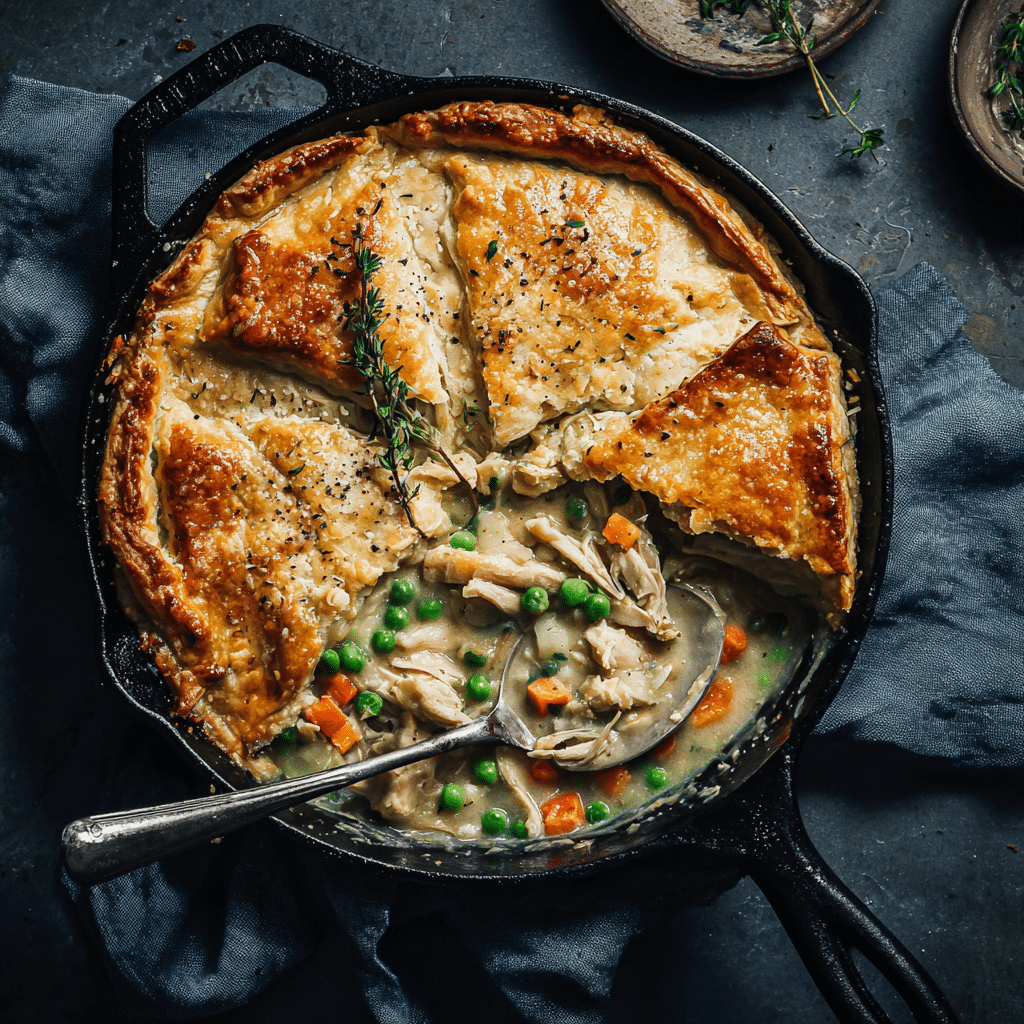 u3873878526 op down photo of chicken pot pie in cast iron pan e804c3ac a02f 45c4 bf19 02161b4a9998 3