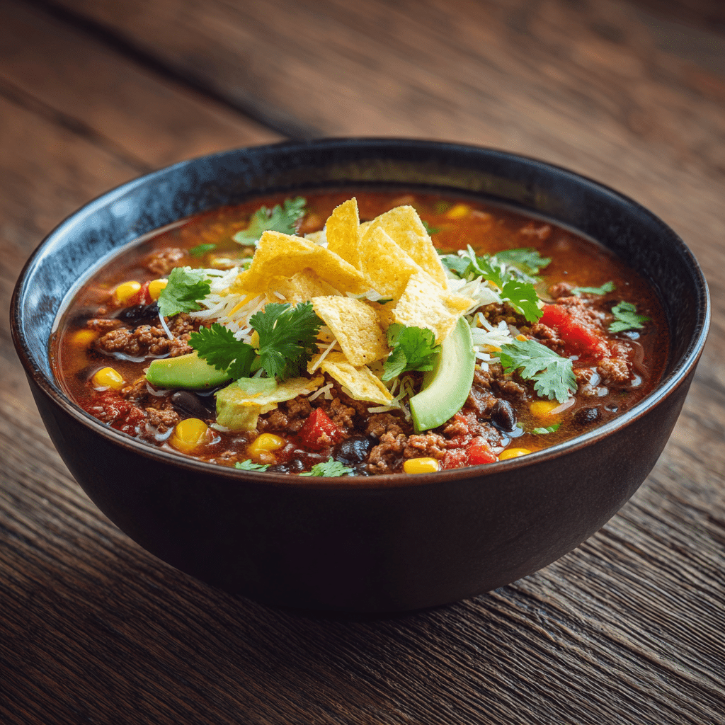 u3873878526 A steaming bowl of taco soup with ground beef bla a7037b26 f08f 4583 862b d9003e321848 0