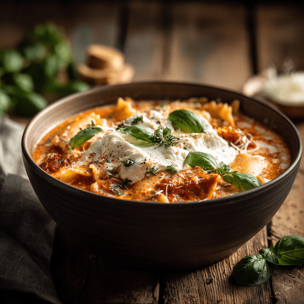 u3873878526 Bowl of creamy lasagna soup topped with ricotta m b6d0f62c 9ef6 4450 90b0 460938404592 2