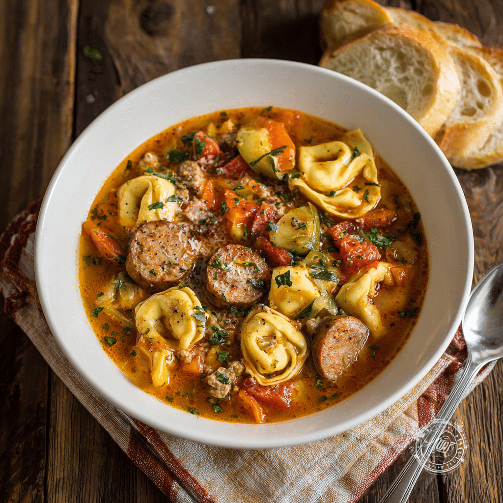 u3873878526 Italian sausage tortellini soup in a white cerami b4f8ba34 49dd 4ace be07 593a201a405f 2